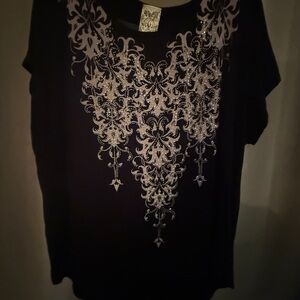 Vocal Black Tee with Silver Embellishments, Fishtail Open Back